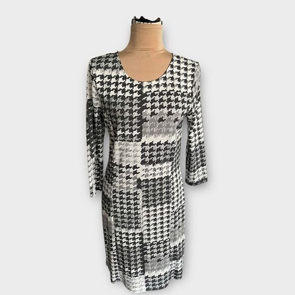Vintage Venus Women’s Medium Grey Print Viscose Midi Dress Scoop Neck Workwear - Picture 1 of 8